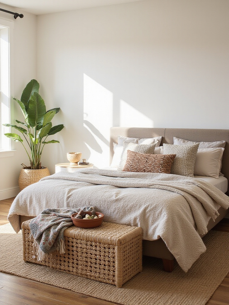 Boho bedroom with a rattan woven bench at the foot of the bed.