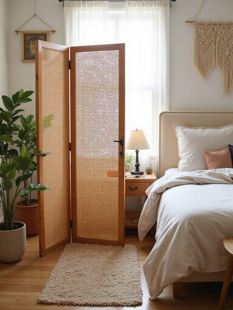 Boho bedroom featuring a woven rattan room divider separating the sleeping and working areas.