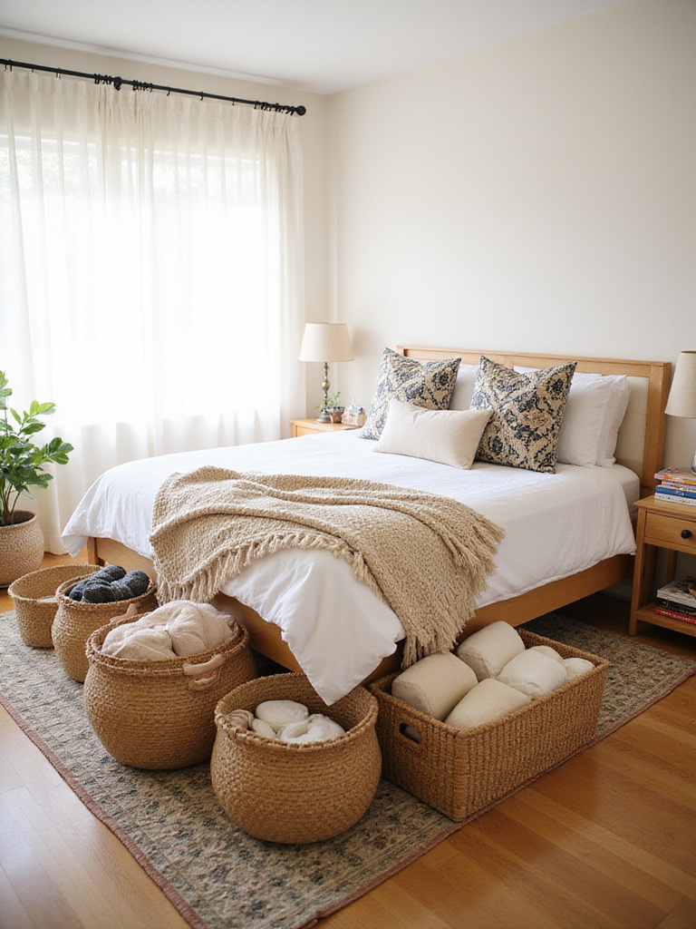 Boho bedroom with woven storage baskets for organization