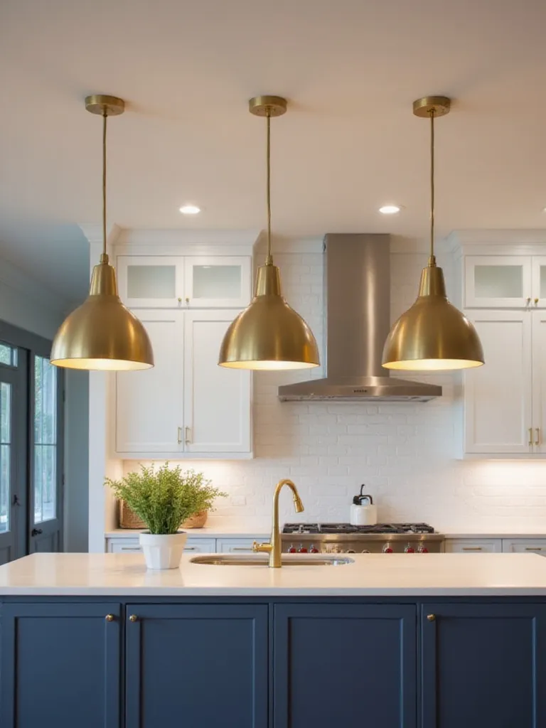 Kitchen island with three gold pendant lights providing warm and inviting illumination.