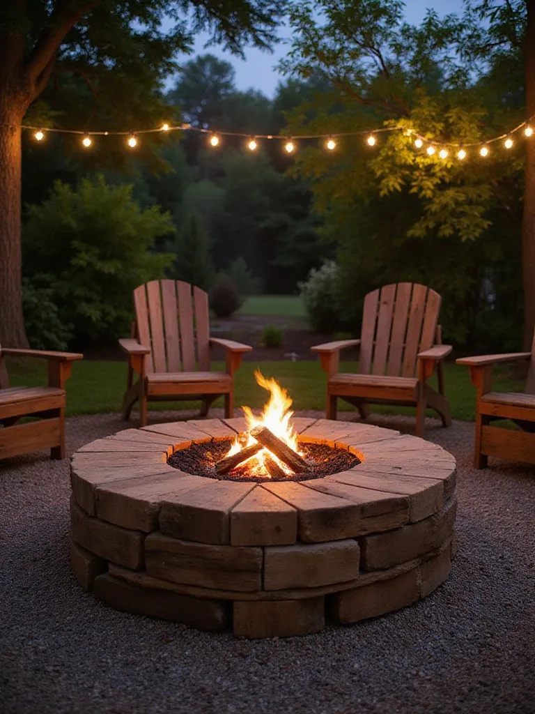DIY pallet fire pit in backyard garden at twilight
