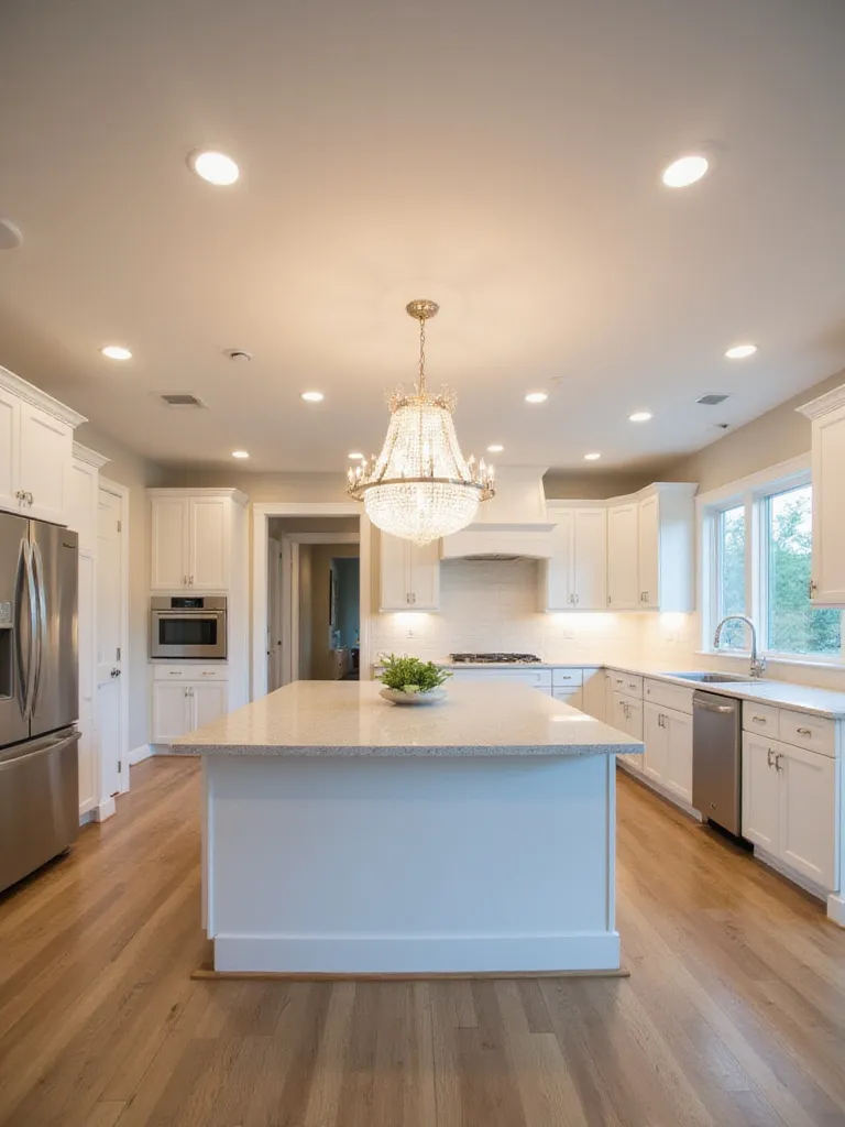 Crystal chandelier hanging above a kitchen island