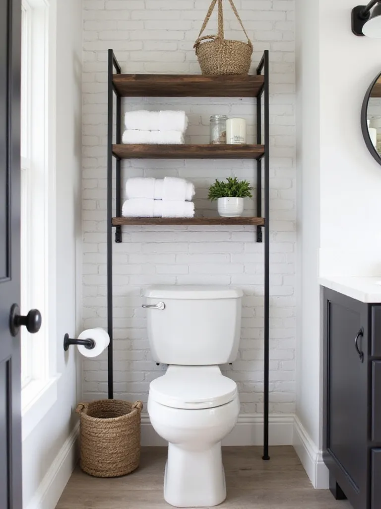 Stylish over-the-toilet shelf in a modern farmhouse bathroom, featuring dark wood and black metal, styled with towels, plants, and decor.
