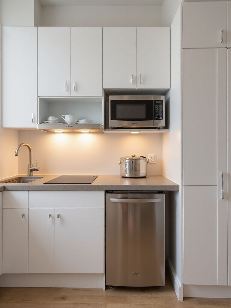 Small modern kitchen featuring compact refrigerator, drawer dishwasher, combination microwave oven, and two-burner induction cooktop maximizing space.