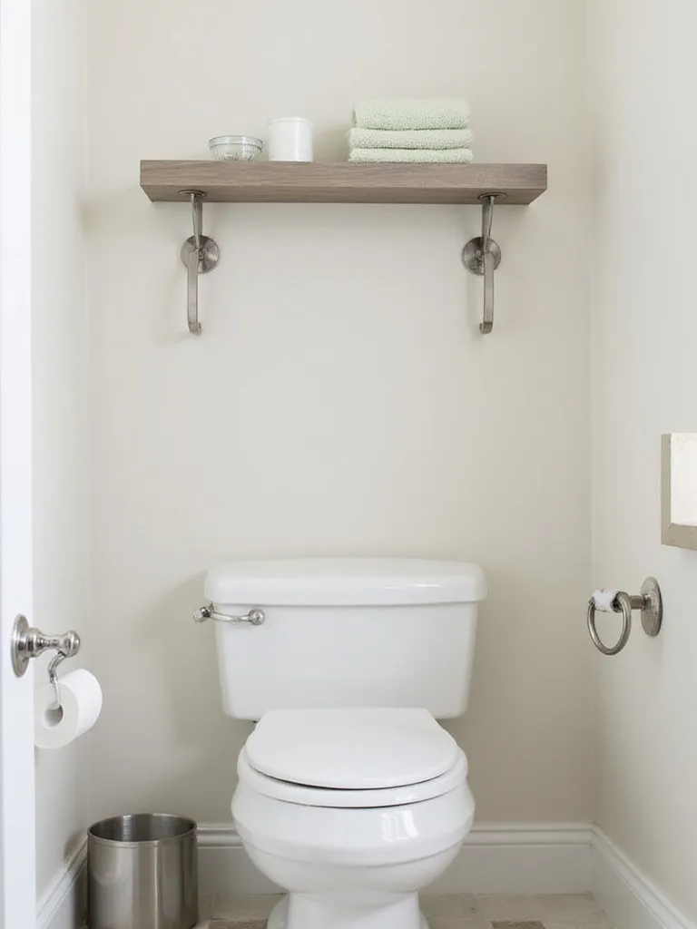Bathroom shelf over toilet with brushed nickel finish, coordinating with the matching brushed nickel faucet, towel bar, and other hardware for a unified look.