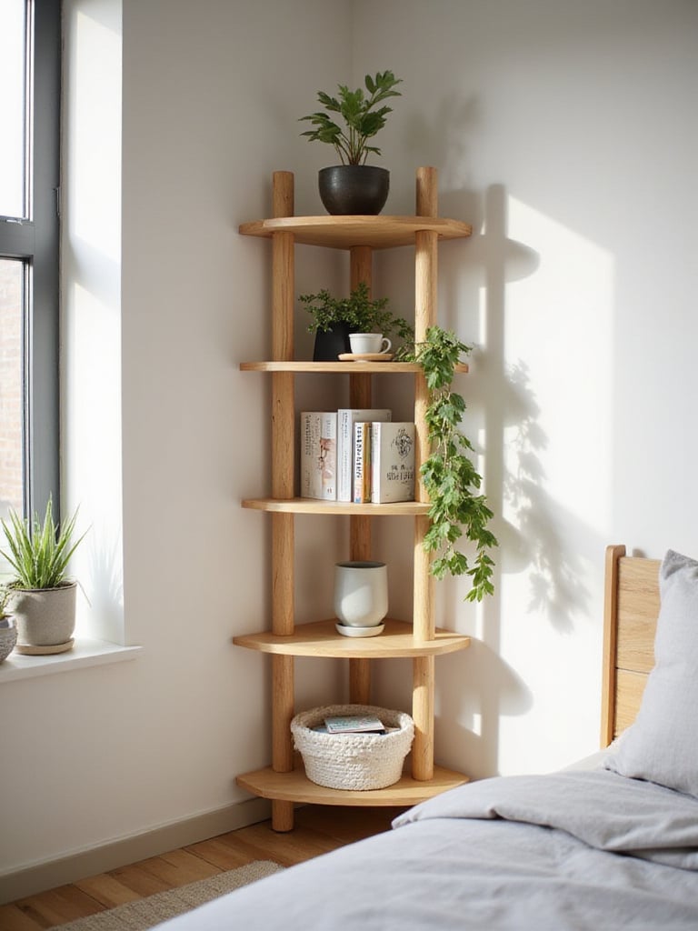 Corner shelving unit in a small bedroom, maximizing space and adding visual interest