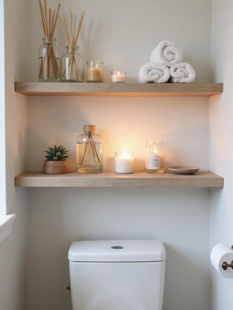 Bathroom shelf over toilet styled with reed diffusers and <a href=
