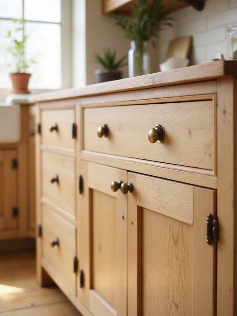 Farmhouse kitchen cabinets with aged brass cup pulls on drawers and matching knobs on doors, showcasing vintage-style hardware.