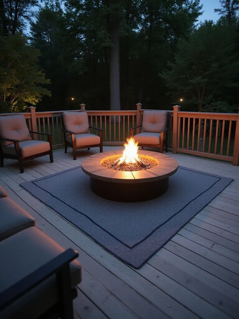 Modern wooden deck with propane fire pit and fire-resistant mat