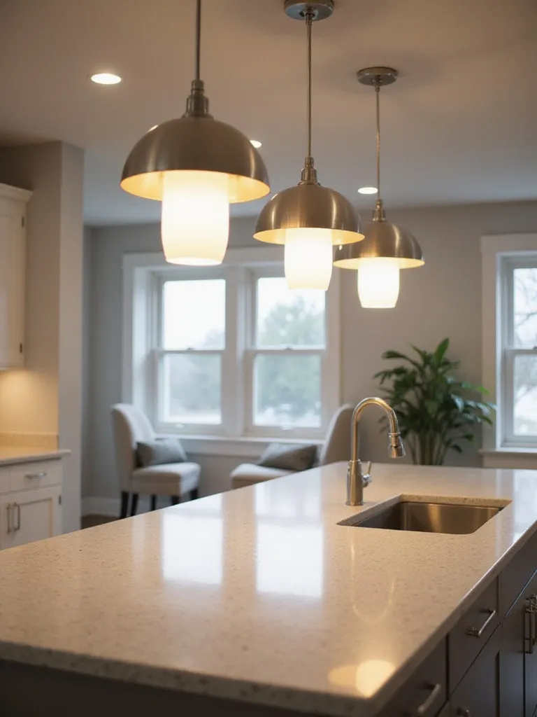 Dimmable pendant lights above a kitchen island creating a warm and inviting atmosphere.