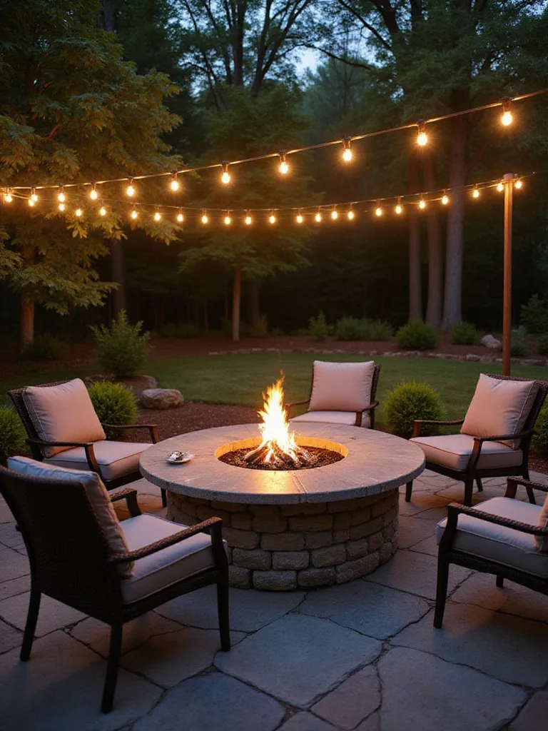 Fire pit table surrounded by comfortable seating on a patio at dusk, creating a cozy outdoor dining area.