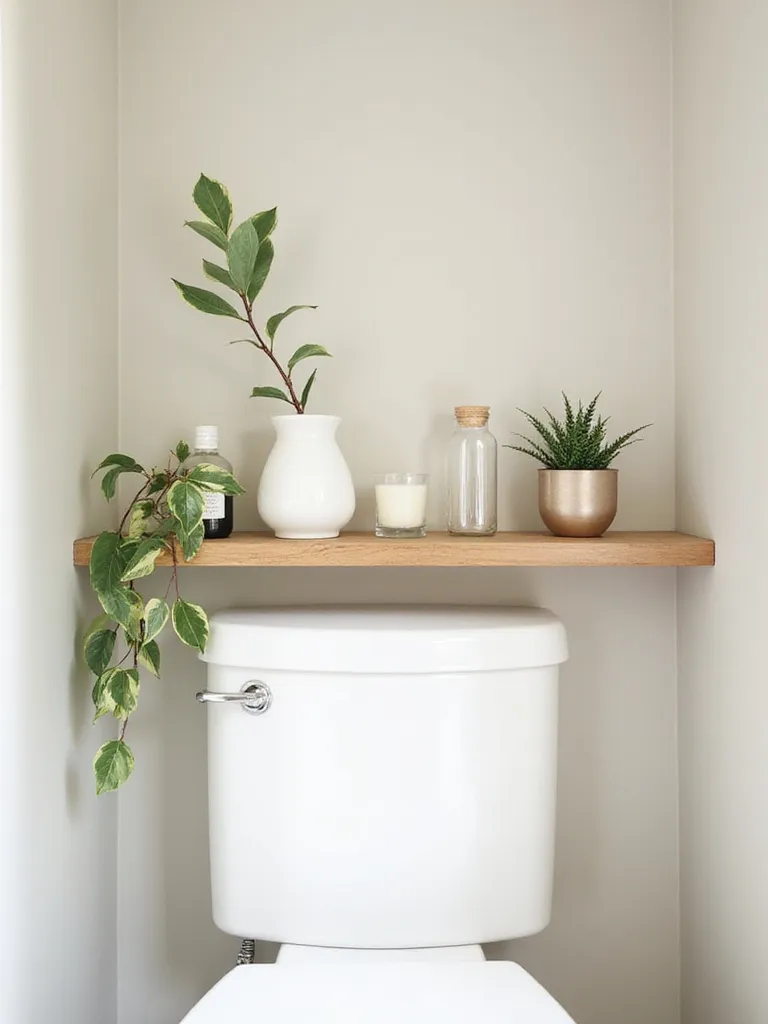 Stylish wooden shelf mounted above a white toilet, displaying decorative items including a white ceramic vase, glass bottles, a candle, and potted plants like Pothos and Snake Plant.