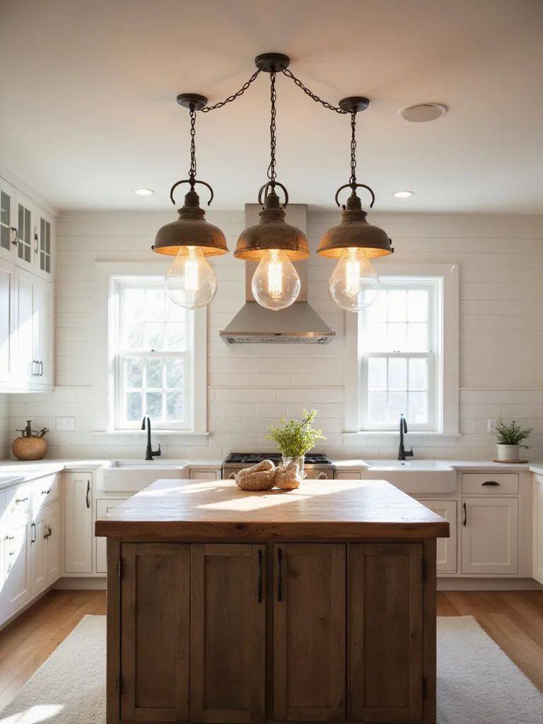 Farmhouse kitchen island lighting with distressed metal pendant lights and Edison bulbs.