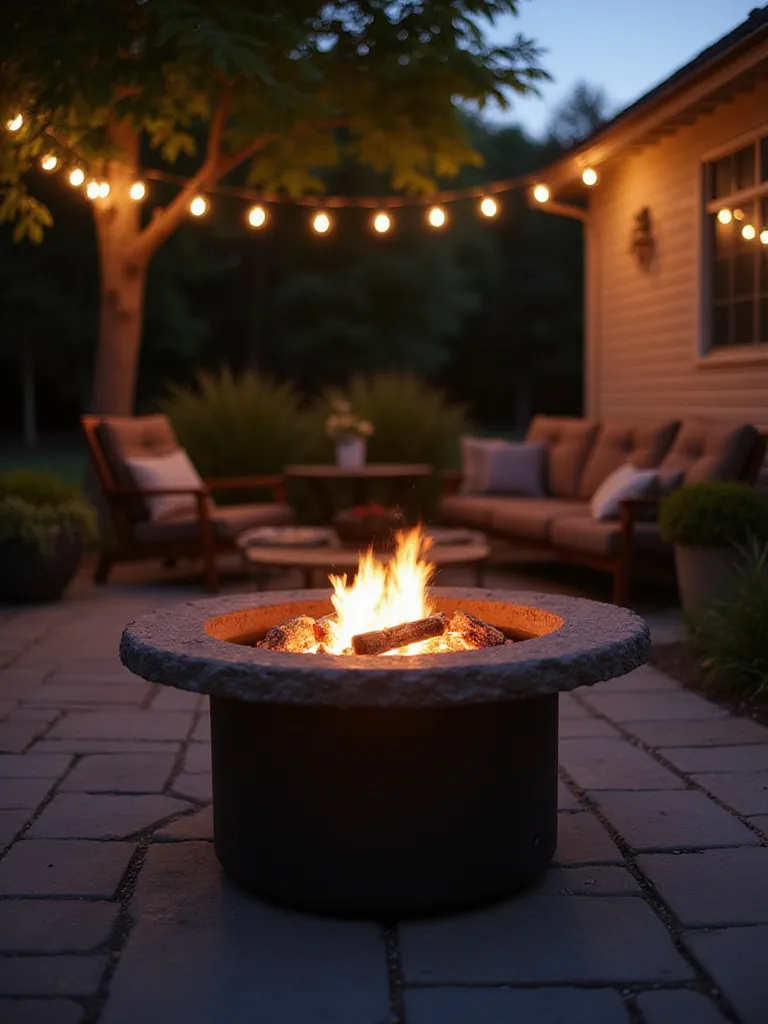 Portable propane fire pit on a cozy backyard patio.
