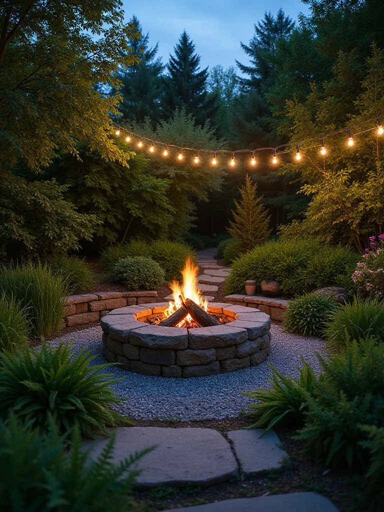 Fire pit surrounded by lush green garden with landscape lighting creating a magical backyard oasis at dusk
