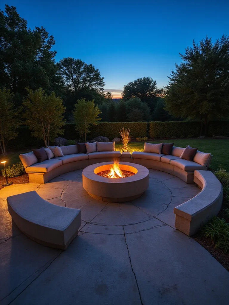 Backyard fire pit with integrated concrete seating and cushions.