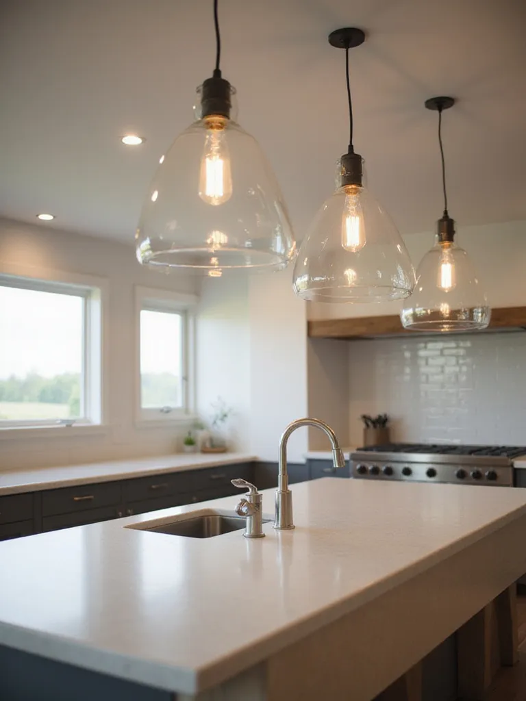 Elegant kitchen island with three clear glass pendant lights and vintage Edison bulbs