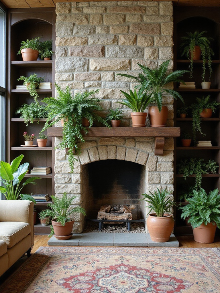Living room with stone fireplace and lush green plants