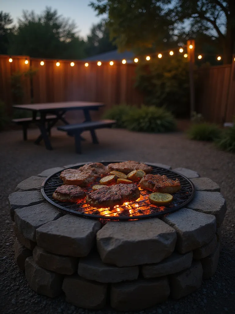 Backyard fire pit with grill grate, showcasing open-flame cooking at dusk.
