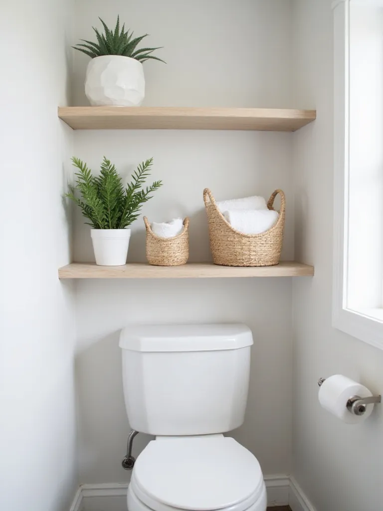 A neatly organized bathroom shelf over a toilet with minimal items like folded towels and storage baskets, showcasing a clean, clutter-free look.