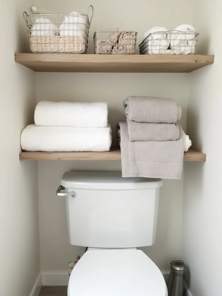 Bathroom shelf over toilet neatly organized with rolled and folded hand towels in baskets and stacks.