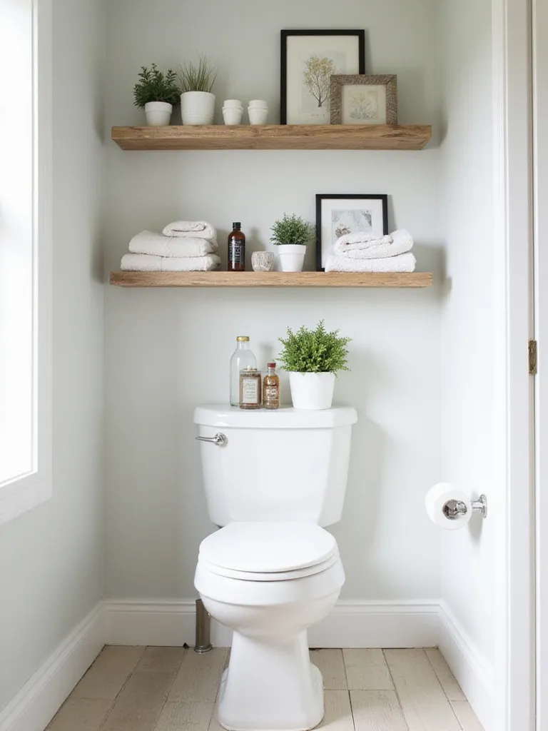 Bathroom shelf over a toilet styled with layered items including folded towels, plants, and framed art, creating visual interest and depth.