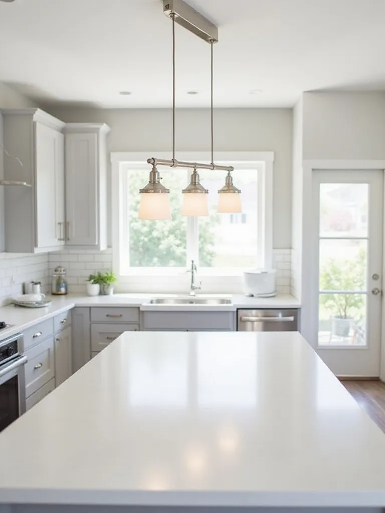 Modern kitchen island with brushed nickel linear pendant lighting.