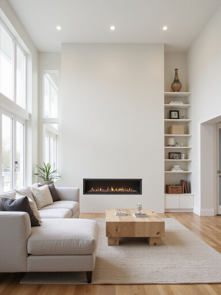 Living room layout with a modern gas fireplace centered on a long wall, flanked by bookshelves, and a grey sectional sofa.