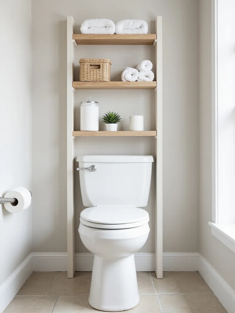 Over-the-toilet shelf unit in a bathroom, showcasing maximized vertical storage with organized towels, storage baskets, and decorative items.