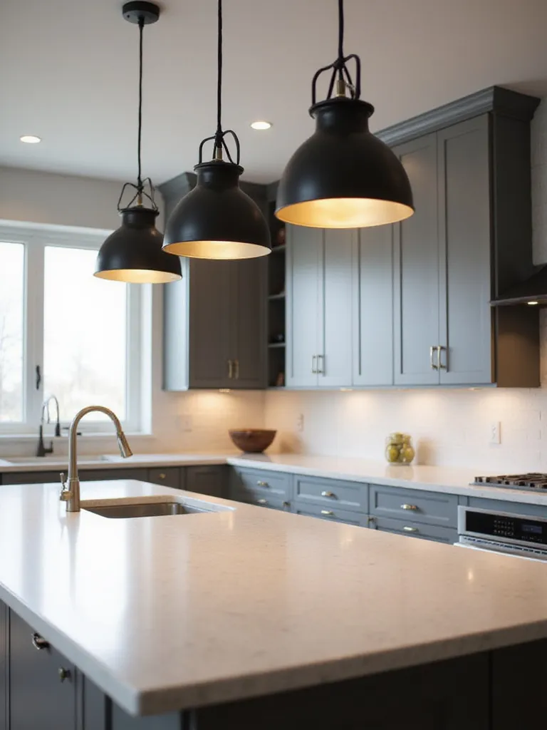 Modern kitchen island with matte black metal pendant lights