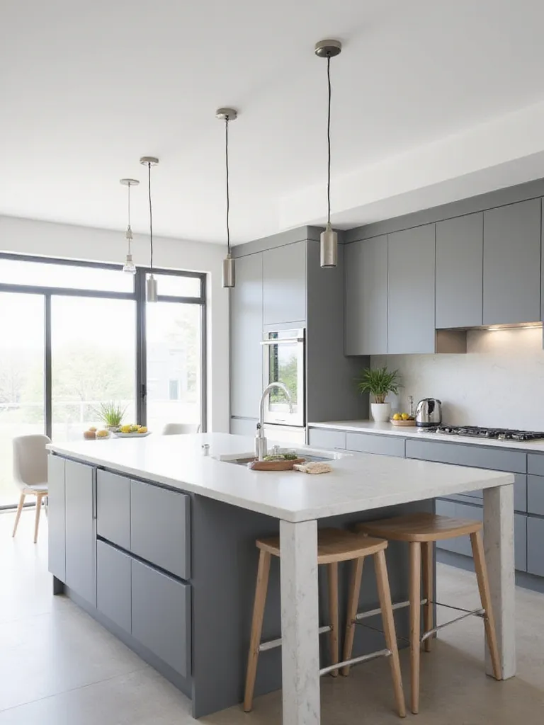 Minimalist kitchen island lighting with three cylindrical pendant lights in a modern kitchen.
