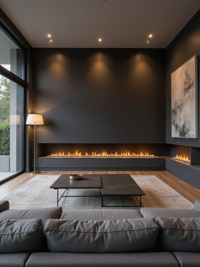 Modern living room layout with linear gas fireplace and gray sofa