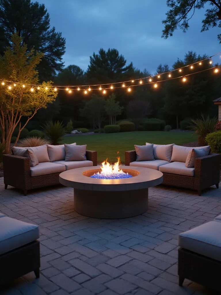 Modern paved patio with a gas fire pit and comfortable seating at dusk