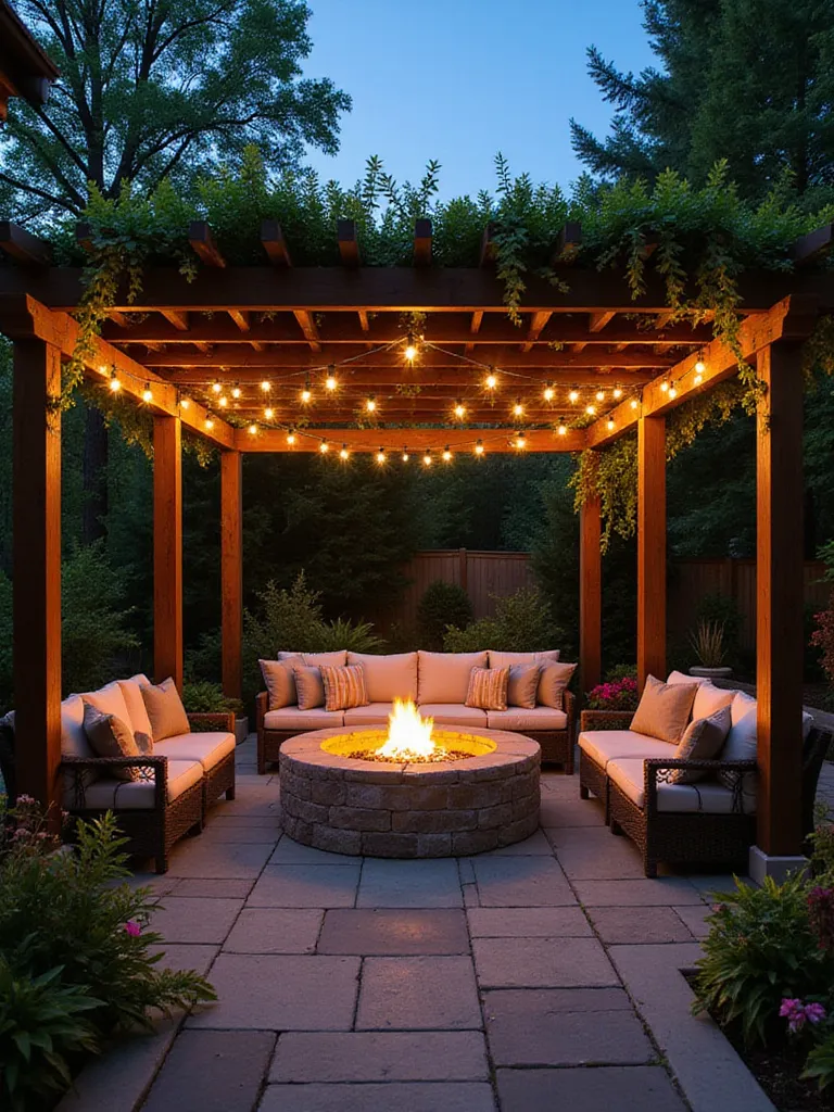 Backyard fire pit under a wooden pergola with string lights and comfortable seating.