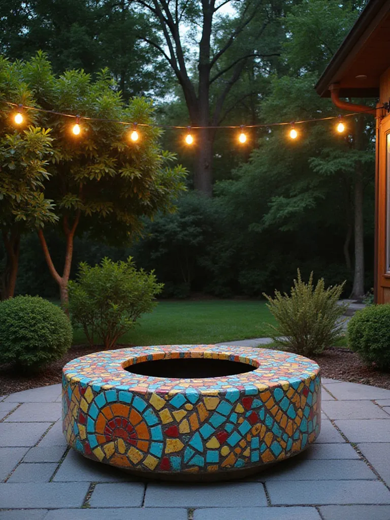 Fire pit adorned with vibrant mosaic tiles in a colorful backyard patio setting