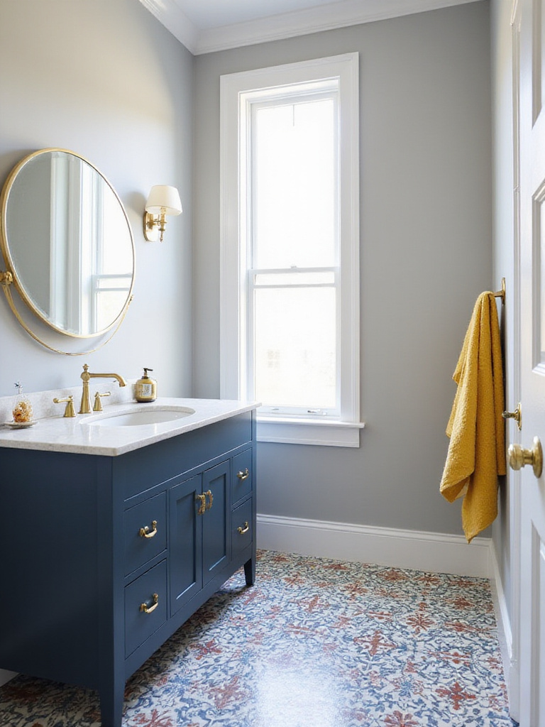 Modern bathroom interior with navy blue vanity, patterned tile floor, and a pop of yellow from a towel.