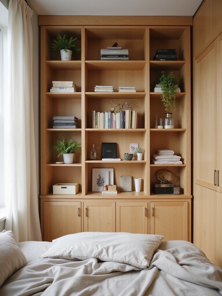 Small bedroom with floor-to-ceiling shelves for maximizing storage