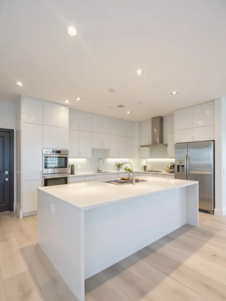 Modern kitchen island illuminated by recessed lighting