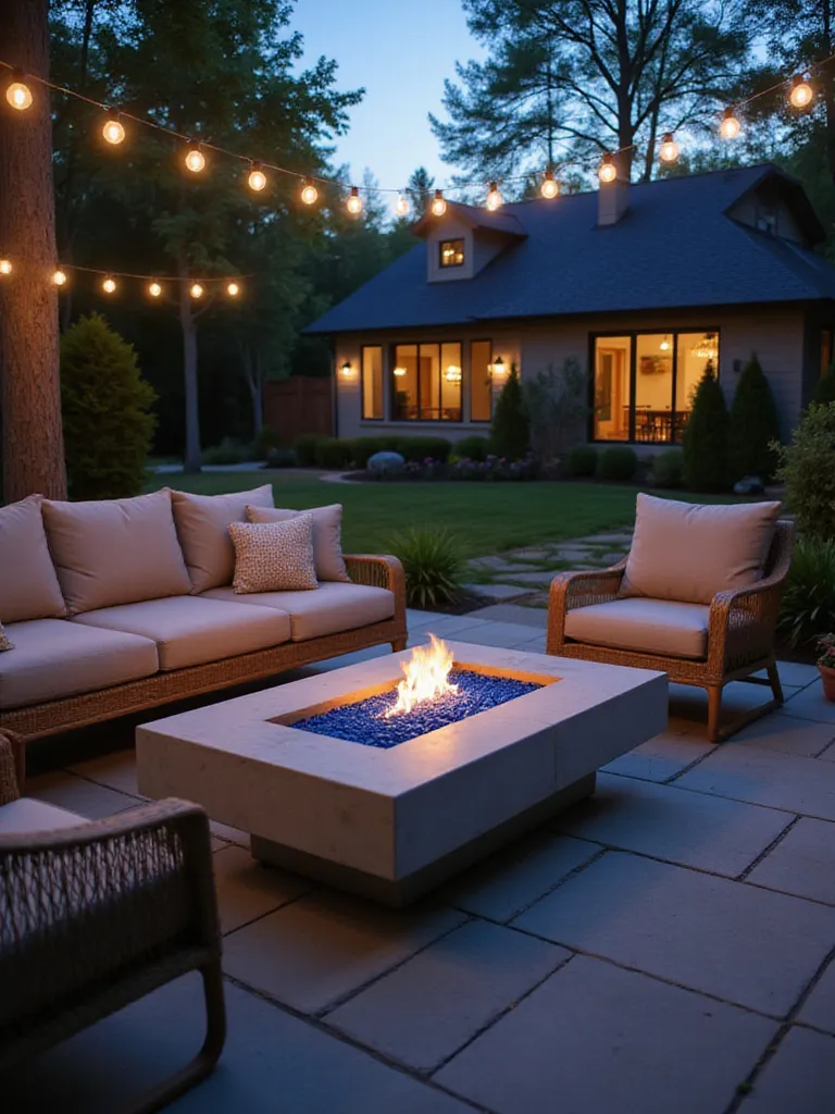 Backyard patio with a concrete fire pit coffee table surrounded by comfortable seating at twilight.