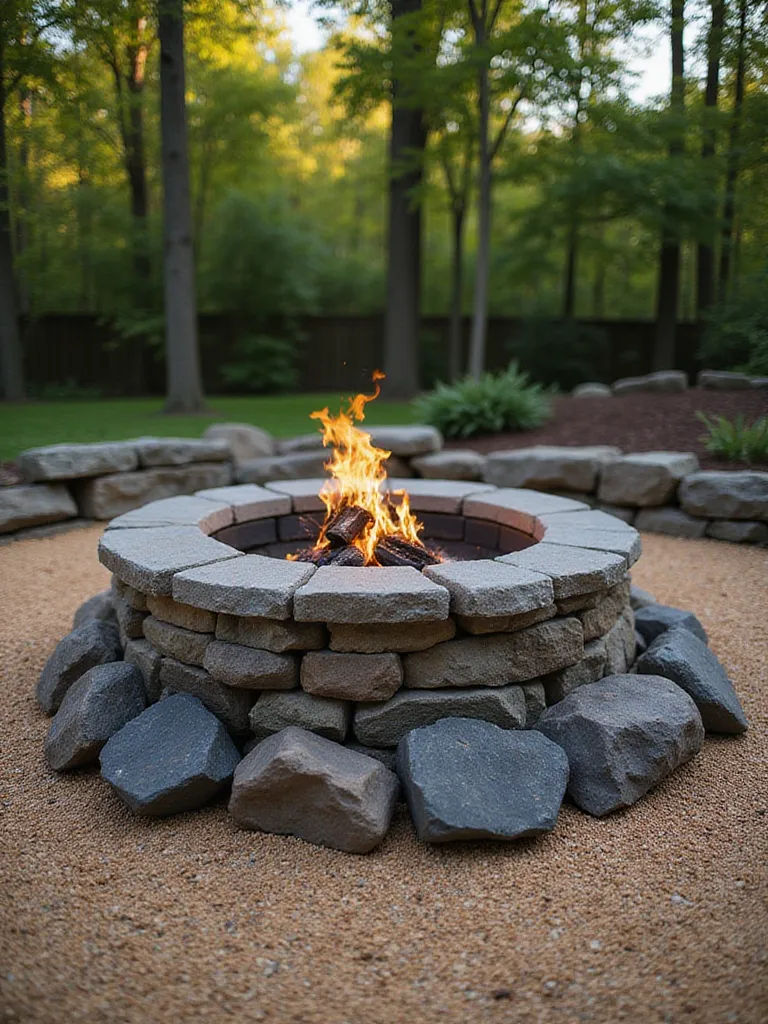 Fire pit surrounded by natural landscape rocks in a backyard setting