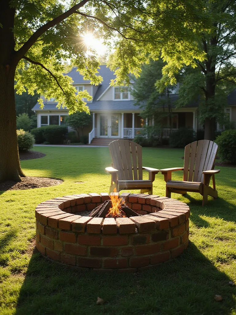 Rustic brick fire pit in a traditional backyard setting