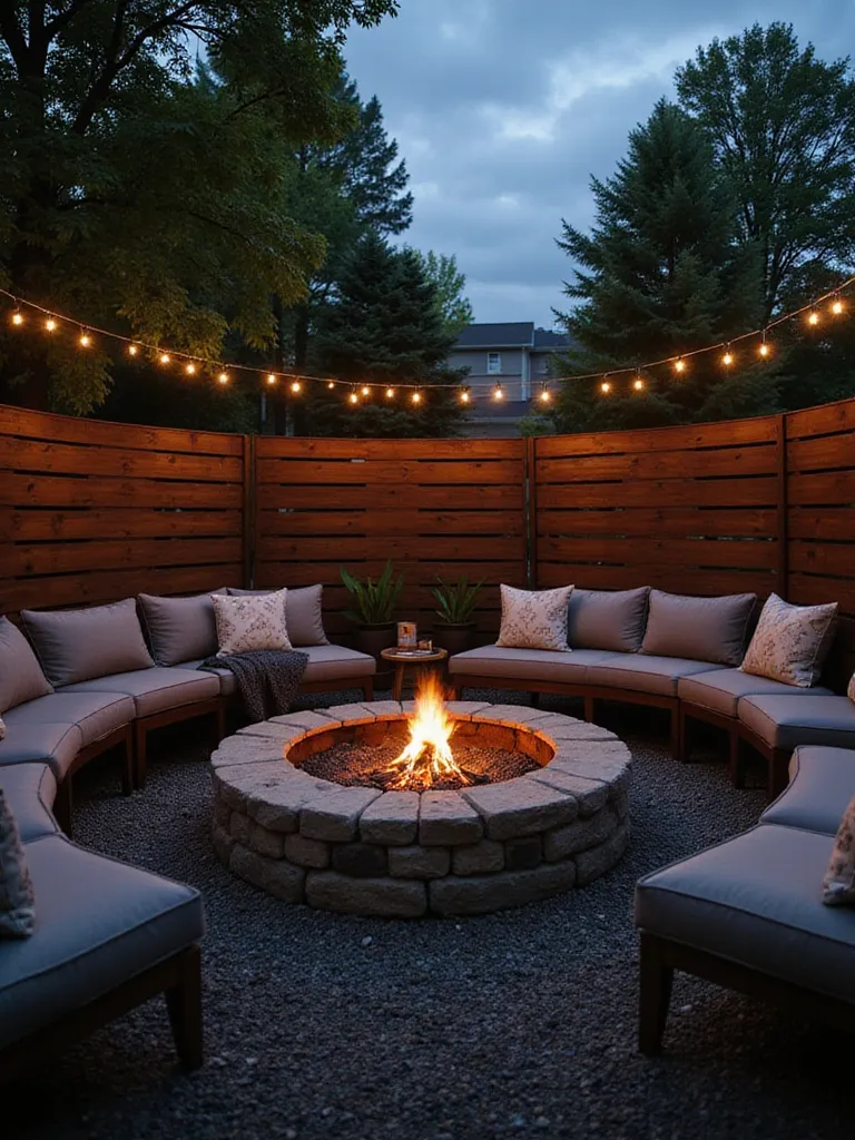 Secluded backyard fire pit area with cedar privacy screen and ambient lighting.