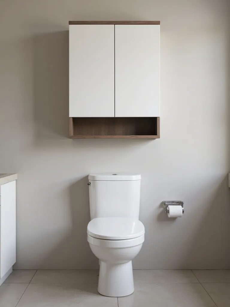Modern closed cabinet unit mounted on the wall above a toilet in a clean bathroom, providing hidden storage.