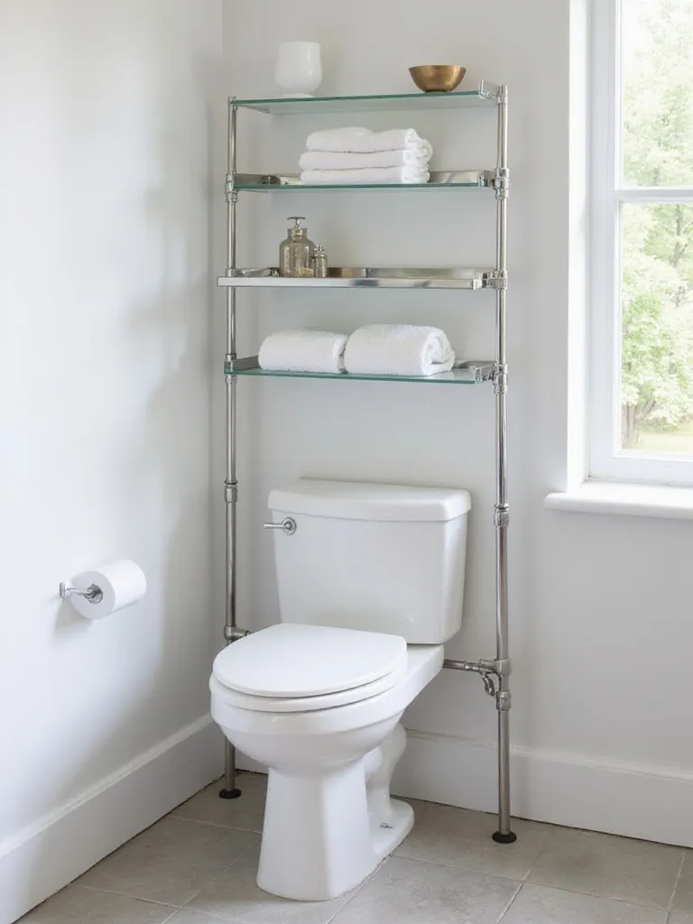 Over-the-toilet bathroom shelf made from moisture-resistant materials like stainless steel and glass, suitable for humid environments.