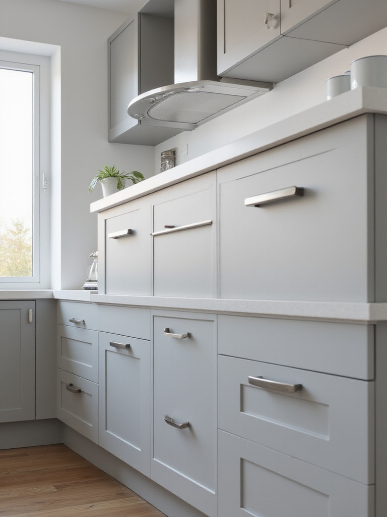 Contemporary minimalist kitchen featuring flat-panel cabinets and sleek brushed metal bar pulls on drawers and doors, contributing to a clean, modern aesthetic.