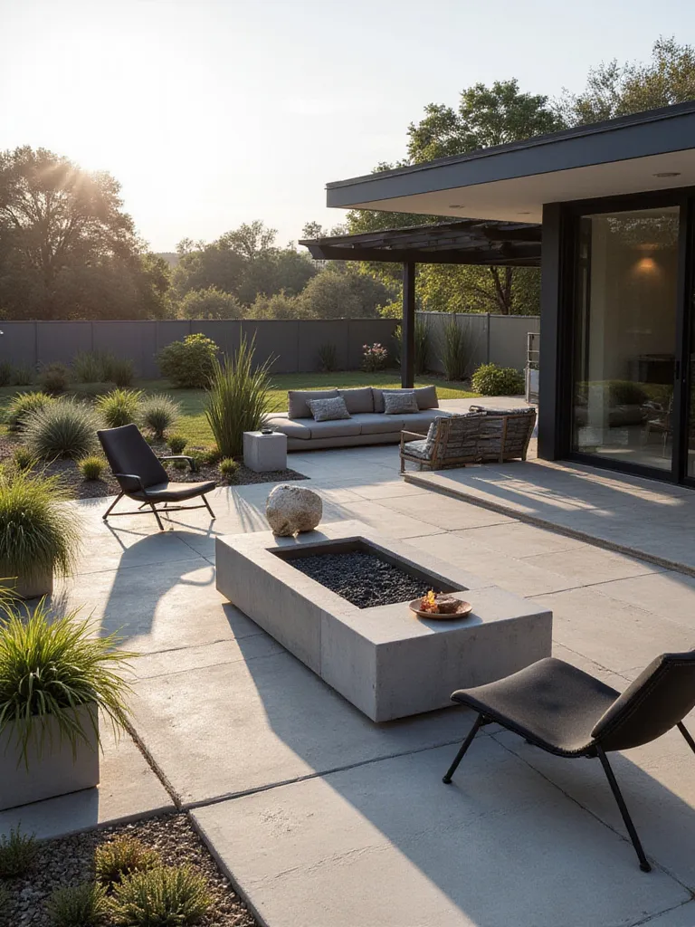 Modern backyard patio with sleek concrete fire pit and contemporary outdoor furniture.