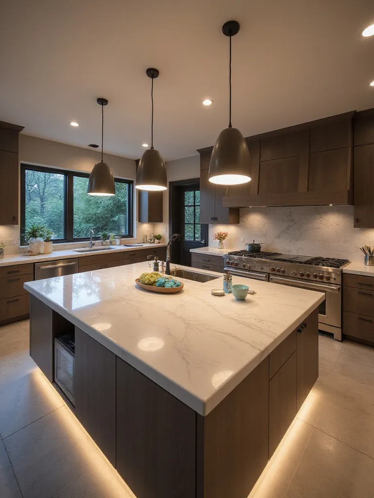 Modern kitchen island with smart pendant lighting and under-cabinet LED lighting.