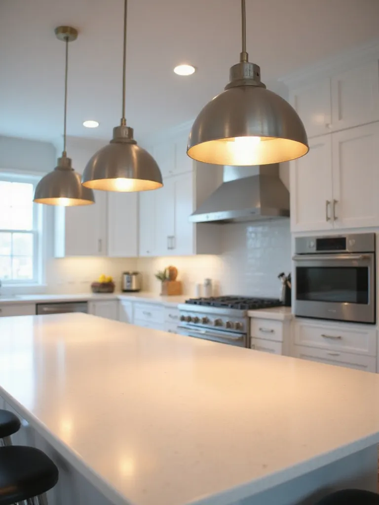 Kitchen island with three evenly spaced pendant lights providing balanced illumination.