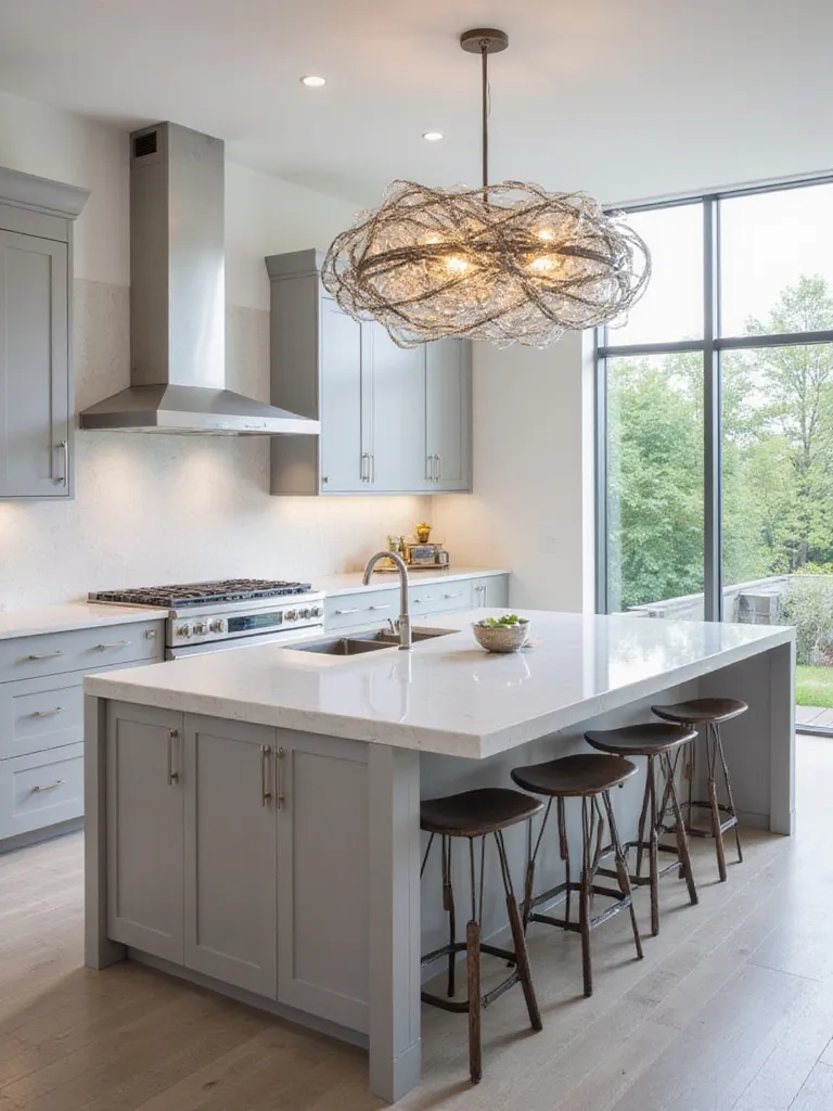 Modern kitchen with a large island and a sculptural statement light fixture above.
