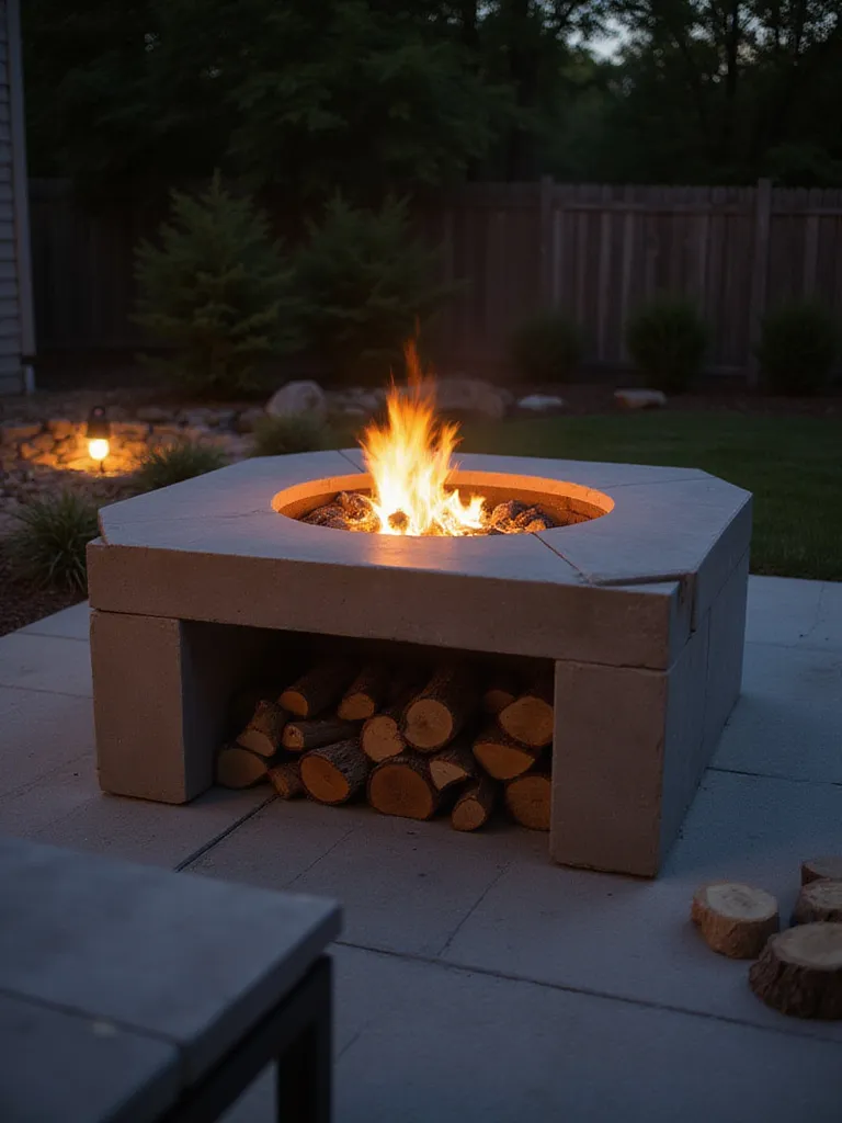 Modern concrete fire pit with built-in firewood storage, illuminated at dusk